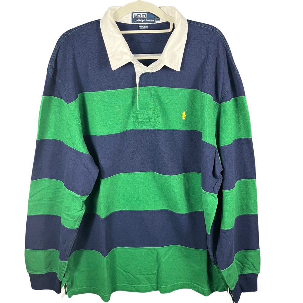 Polo Ralph Lauren Knit Rugby Shirt Mens XL Green Blue Striped Long Sleeve Polo